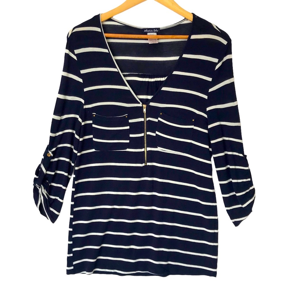 Olivia Blu Navy Blue White Half Zip Roll Tab Sleeves Knit Top Blouse
